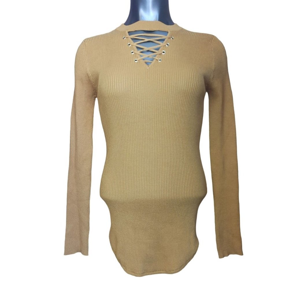 NO BOUNDARIES Womens L Orange Knit Ribbed Criss Cross Long Sleeve Top Sweater
